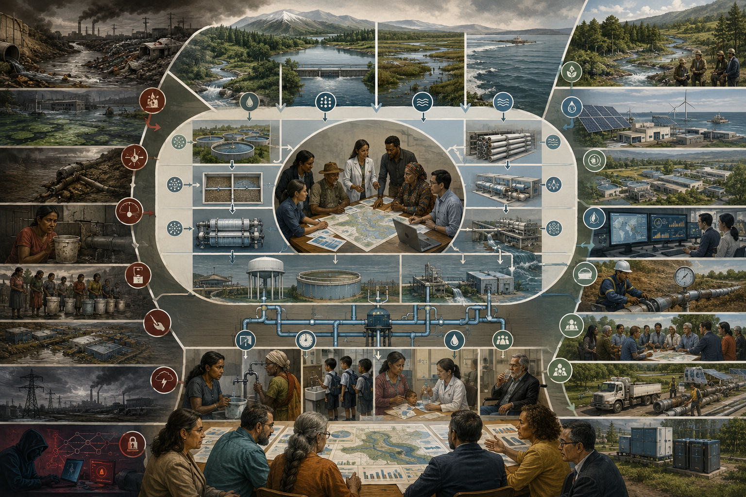 Editorial systems illustration showing a full drinking-water supply chain from protected watersheds, desalination, treatment, storage, monitoring, and distribution to households, schools, clinics, and public governance.