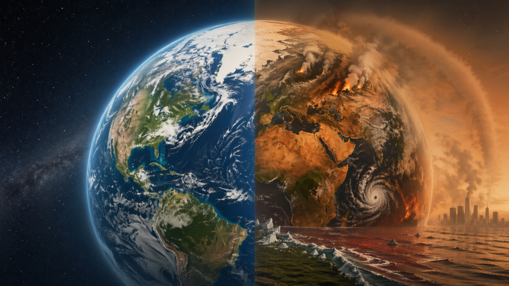 Editorial featured image showing Earth divided between a stable climate system with blue oceans, clouds, green land, and polar ice, and a destabilized climate system with warming atmosphere, wildfire smoke, storms, drought, melting ice, sea-level rise, and stressed landscapes.
