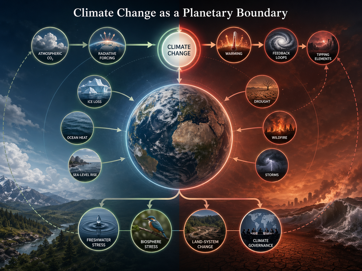Infographic showing climate change as a planetary boundary, with Earth at the center connected to atmospheric carbon dioxide, radiative forcing, warming, feedback loops, tipping elements, ice loss, ocean heat, sea-level rise, drought, wildfire, storms, freshwater stress, biosphere stress, land-system change, and climate governance.