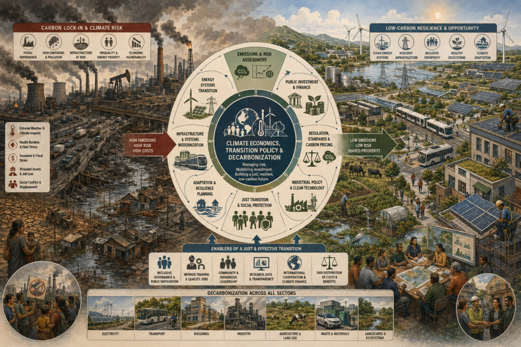 Editorial systems illustration showing climate economics, transition policy, decarbonization, carbon lock-in, fossil infrastructure, clean energy, public investment, just transition, adaptation, and low-carbon resilience.