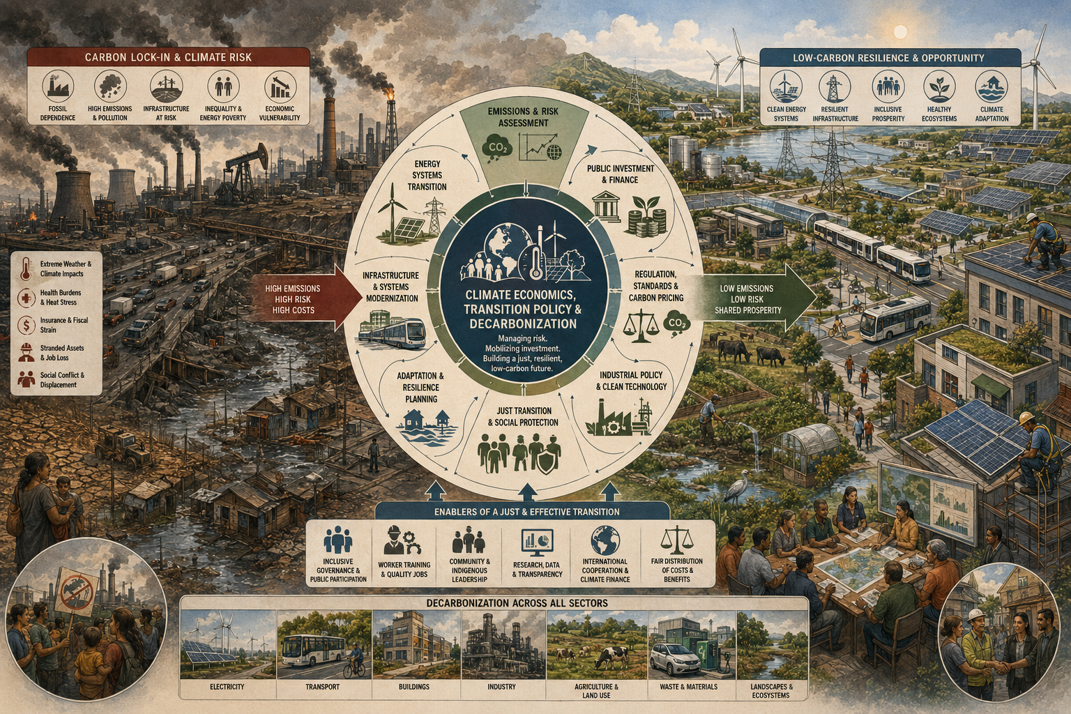 Editorial systems illustration showing climate economics, transition policy, decarbonization, carbon lock-in, fossil infrastructure, clean energy, public investment, just transition, adaptation, and low-carbon resilience.