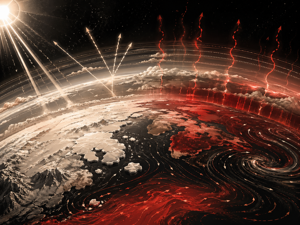 Editorial scientific illustration showing an Earth-like planet with incoming solar radiation, reflected light, outgoing infrared radiation, atmospheric layers, clouds, ocean heat gradients, and ice–albedo contrast.
