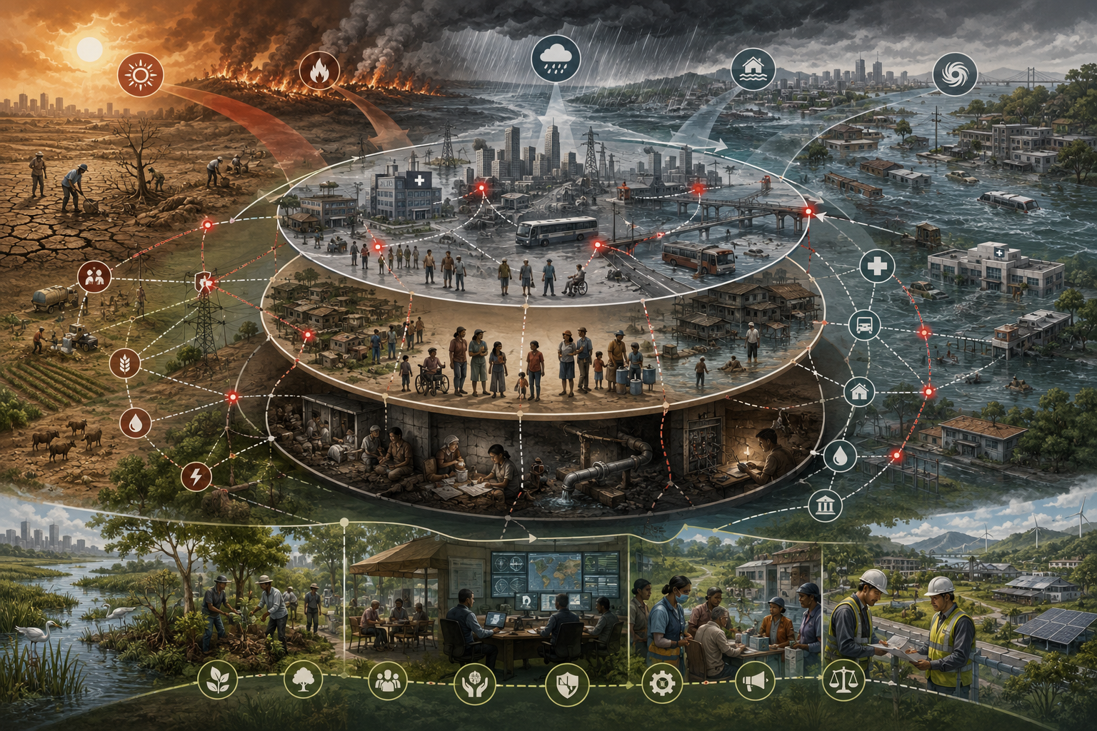 Editorial illustration showing climate hazards interacting with exposed communities, infrastructure, ecological buffers, and public systems to produce systemic vulnerability and cascading climate risk.