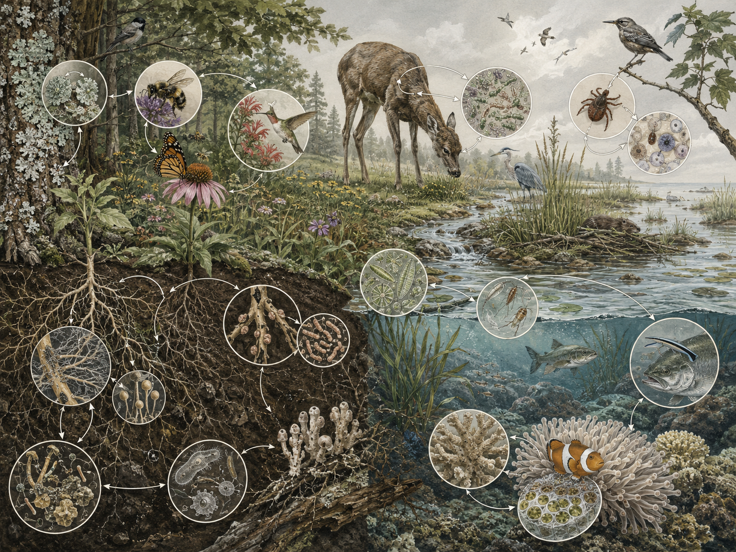 Research-grade ecological systems illustration showing plants, pollinators, lichens, mycorrhizal roots, microbes, parasites, host animals, aquatic organisms, coral, algae, fish, and subtle interaction pathways across terrestrial, freshwater, and marine habitats.
