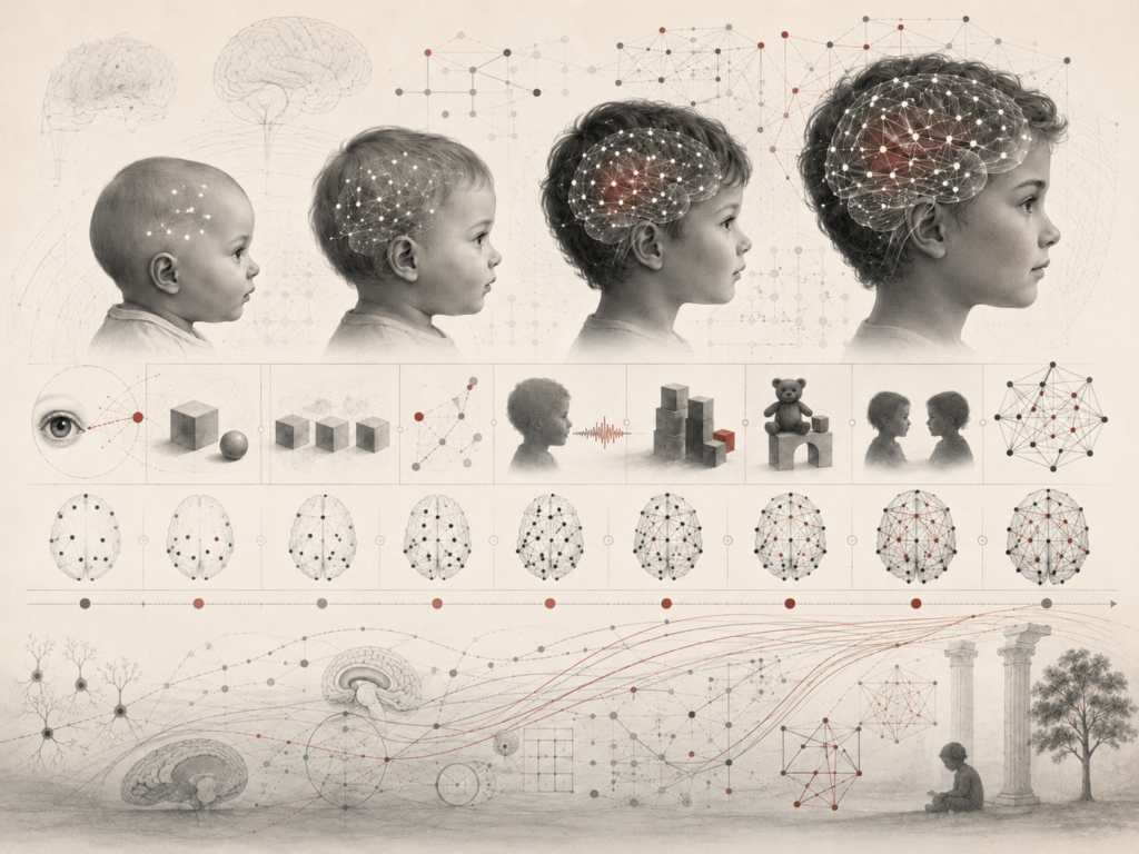 Research-grade illustration showing stages of cognitive development from infancy to childhood, with profiles of children, expanding brain networks, and visual motifs of perception, learning, language, reasoning, and social understanding.