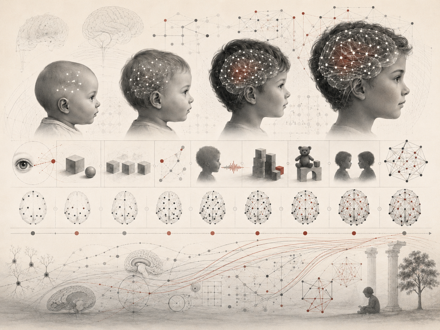 Research-grade illustration showing stages of cognitive development from infancy to childhood, with profiles of children, expanding brain networks, and visual motifs of perception, learning, language, reasoning, and social understanding.