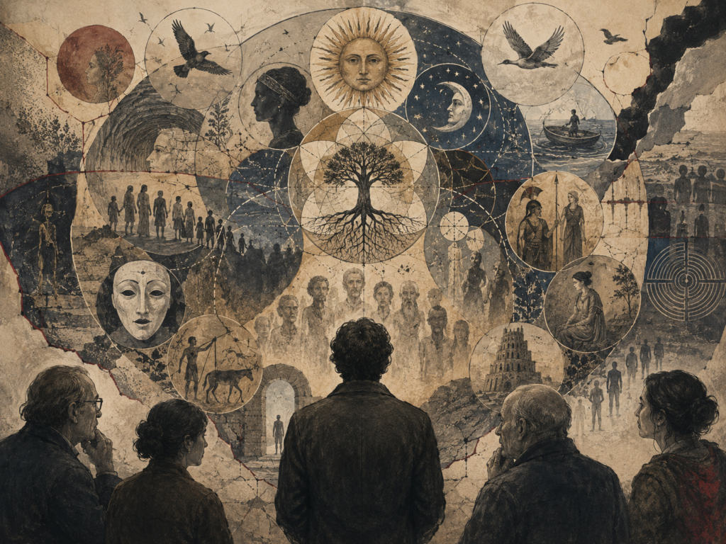 A group of observers studies a vast symbolic wall filled with ancestral figures, masks, birds, sun and moon imagery, roots, cultural motifs, and circular archetypal scenes.