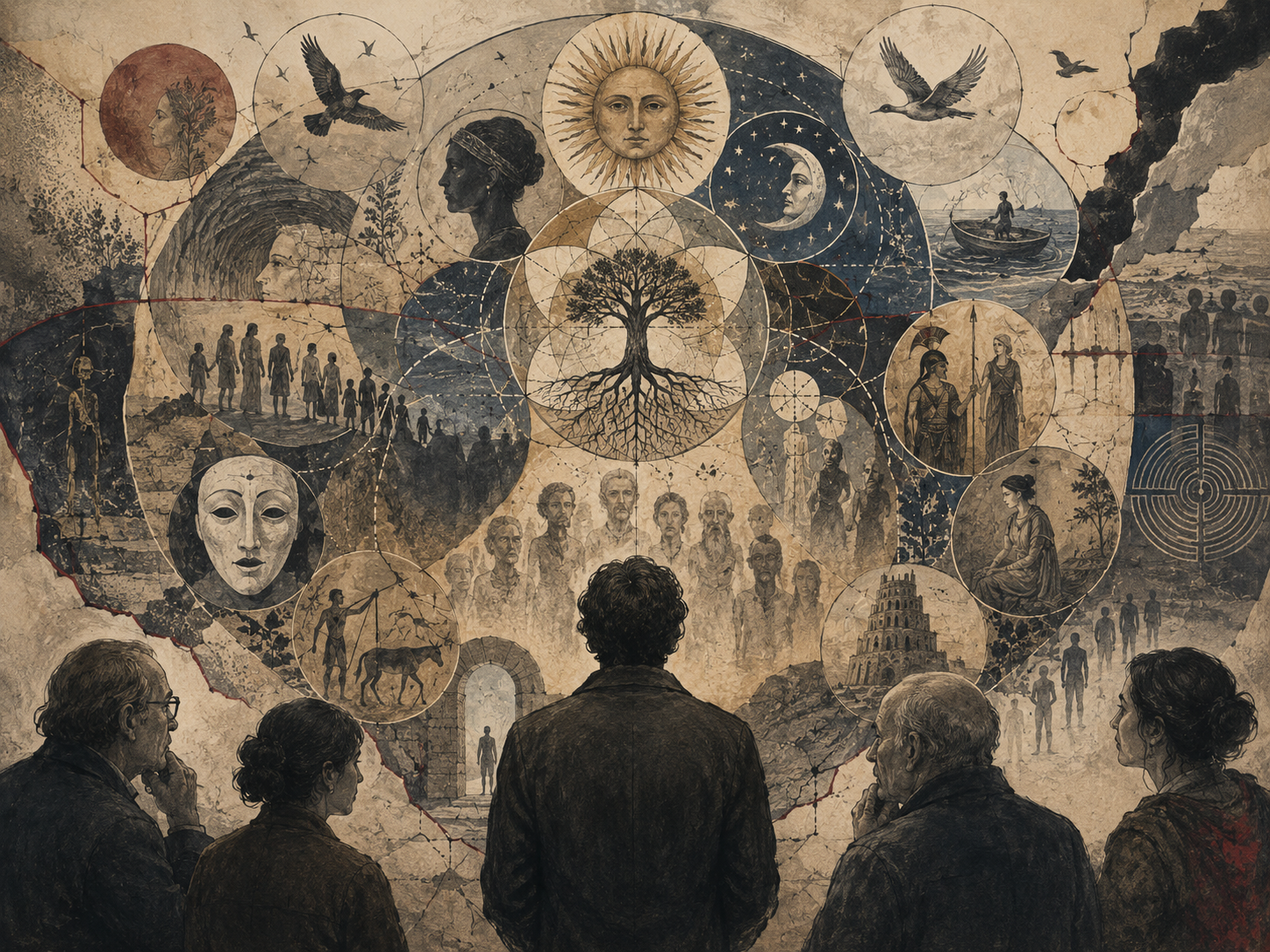 A group of observers studies a vast symbolic wall filled with ancestral figures, masks, birds, sun and moon imagery, roots, cultural motifs, and circular archetypal scenes.
