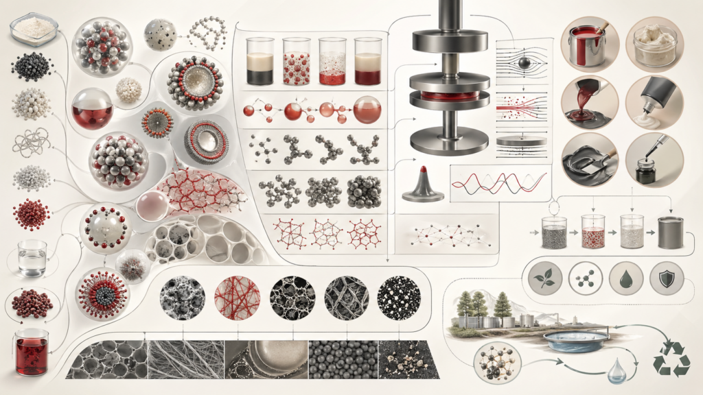 Abstract editorial scientific illustration showing colloids and soft matter as a mesoscale workflow connecting suspensions, emulsions, foams, gels, micelles, vesicles, rheology, stability testing, formulation, and responsible lifecycle design.