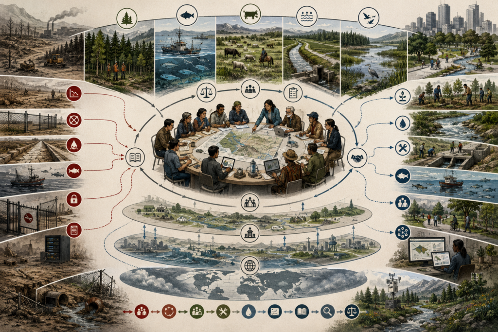 Editorial systems illustration showing commons governance across forests, fisheries, grazing land, irrigation, wetlands, urban public space, open knowledge, monitoring, and institutional stewardship, with contrasts between degradation and regenerative management.