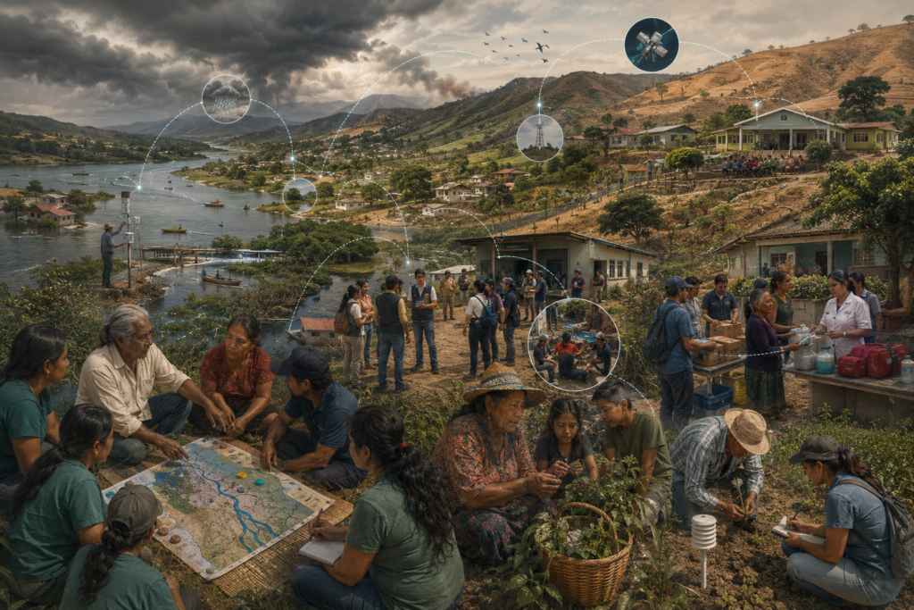 Editorial illustration showing a riverine rural community using local knowledge, intergenerational learning, environmental observation, mutual aid, and collaborative planning to strengthen resilience under environmental stress.
