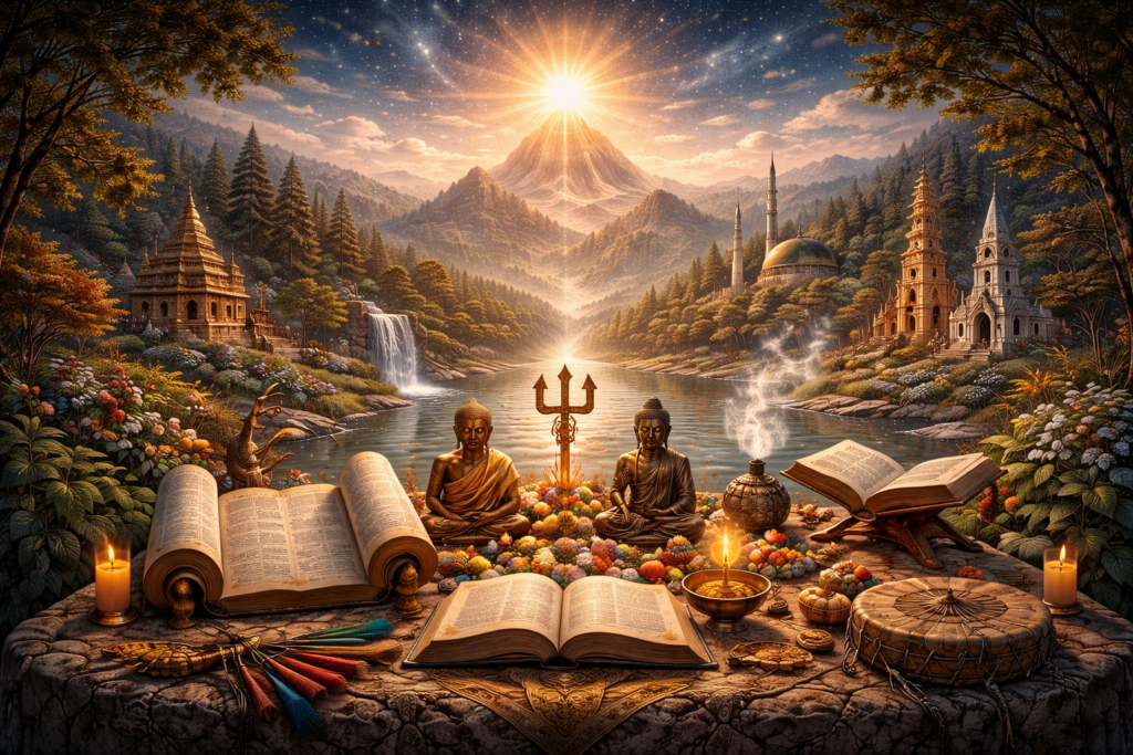 Symbolic sacred landscape with religious texts, ritual objects, temples, water, mountains, and celestial light representing shared sacred themes across traditions.