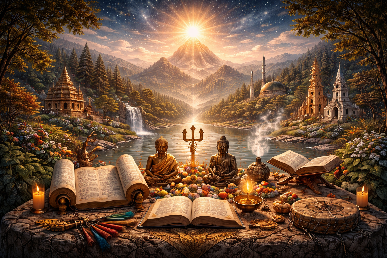 Symbolic sacred landscape with religious texts, ritual objects, temples, water, mountains, and celestial light representing shared sacred themes across traditions.