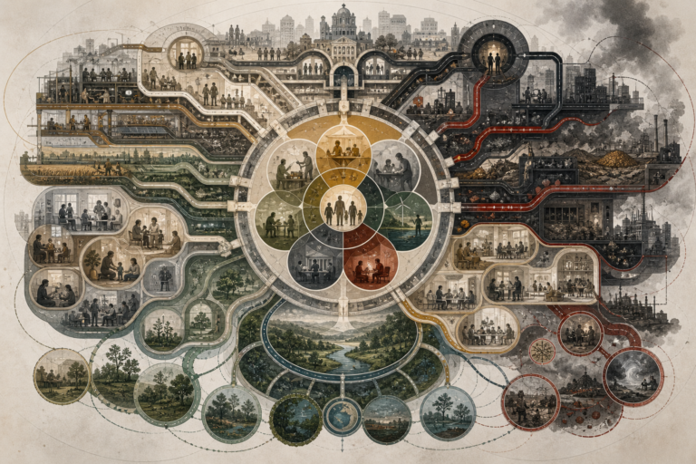 Editorial illustration of economic systems shown as a layered social, financial, productive, institutional, and ecological systems map, with a central economic core connected to labor, care, infrastructure, trade, public services, finance, industry, and environmental landscapes.