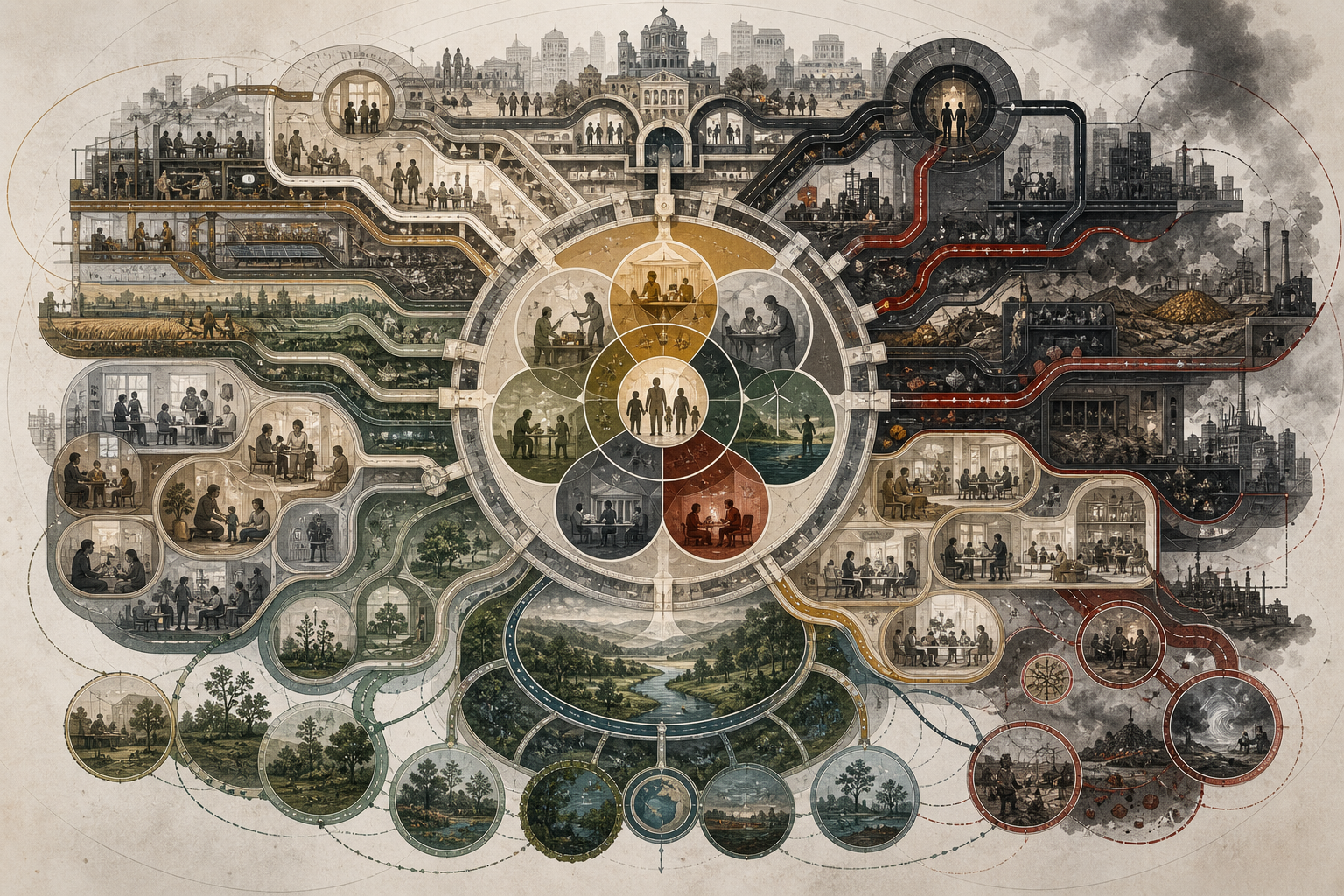 Editorial illustration of economic systems shown as a layered social, financial, productive, institutional, and ecological systems map, with a central economic core connected to labor, care, infrastructure, trade, public services, finance, industry, and environmental landscapes.