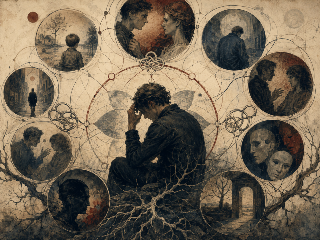 A distressed figure sits at the center of an emotional network, surrounded by repeated relational scenes, childhood memory, masks, tangled knots, roots, and circular patterns.