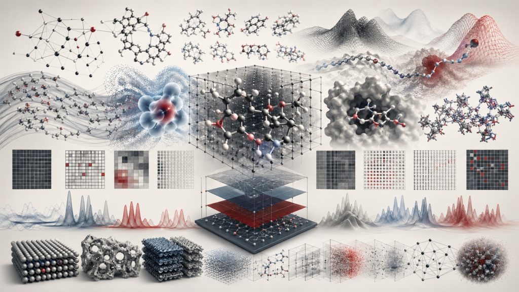 Abstract editorial scientific illustration of computational chemistry and molecular modeling, showing molecular graphs, ball-and-stick molecular structures, coordinate grids, electron-density clouds, energy landscapes, conformer ensembles, molecular docking pockets, descriptor matrices, spectra-like waveforms, materials lattices, similarity networks, and layered computational workflows in cream, gray, black, blue-gray, and deep red.
