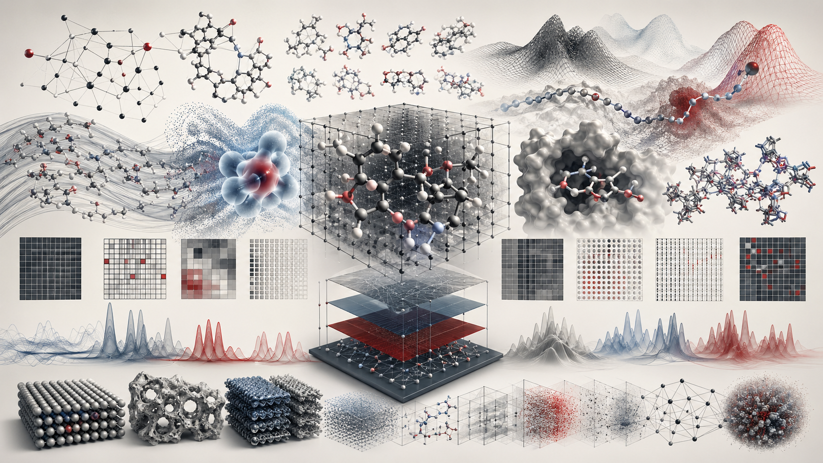 Abstract editorial scientific illustration of computational chemistry and molecular modeling, showing molecular graphs, ball-and-stick molecular structures, coordinate grids, electron-density clouds, energy landscapes, conformer ensembles, molecular docking pockets, descriptor matrices, spectra-like waveforms, materials lattices, similarity networks, and layered computational workflows in cream, gray, black, blue-gray, and deep red.