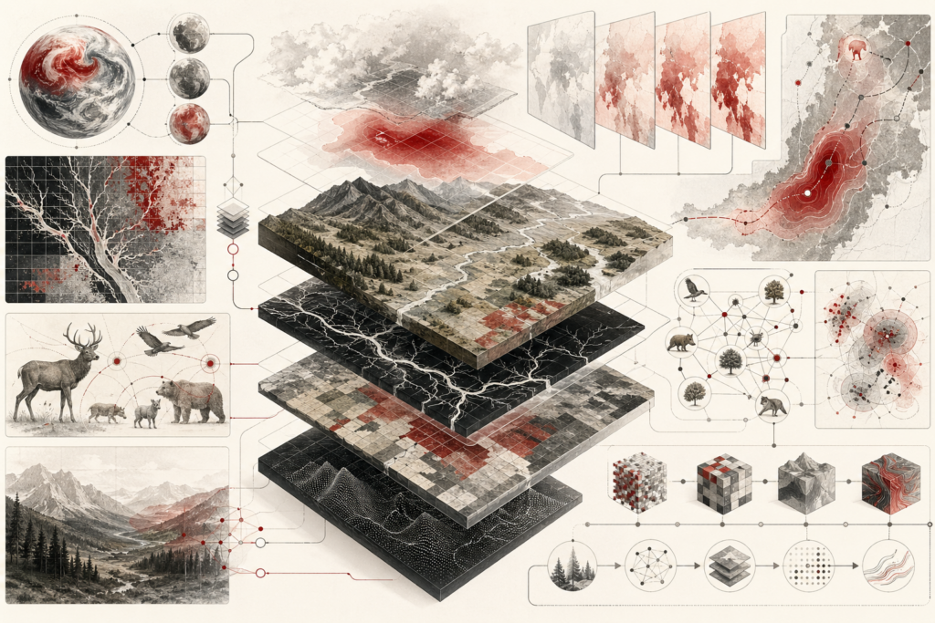 Abstract scientific illustration of computational ecology and environmental modeling showing layered landscapes, river networks, habitat patches, species-distribution contours, ecological networks, remote-sensing grids, climate fields, scenario panels, and reproducible workflow pathways without text or labels.