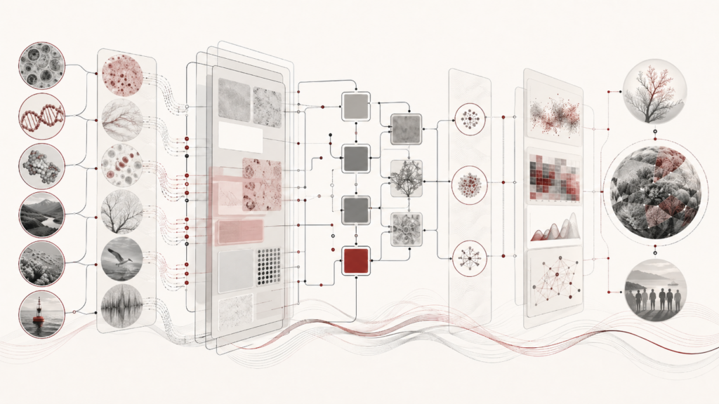 Abstract scientific illustration of computational notebooks and reproducible biological research showing biological samples, notebook-like workflow layers, provenance trails, validation pathways, metadata structures, ecological data streams, and reproducible research outputs without text or labels.
