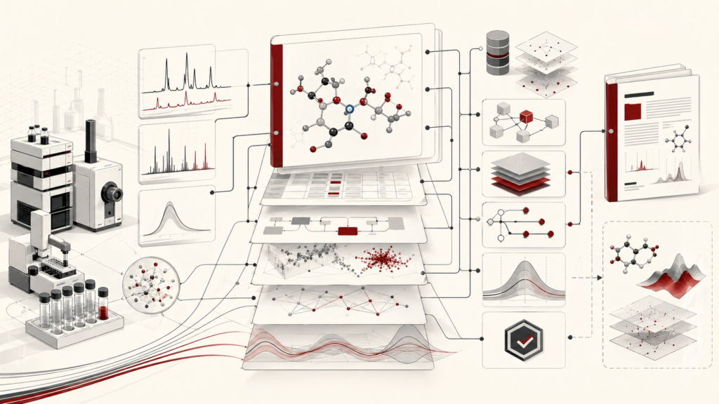 Editorial scientific illustration showing computational notebooks as structured chemical research workflows connecting laboratory instruments, molecular models, data layers, provenance, uncertainty, validation, and scientific reporting.