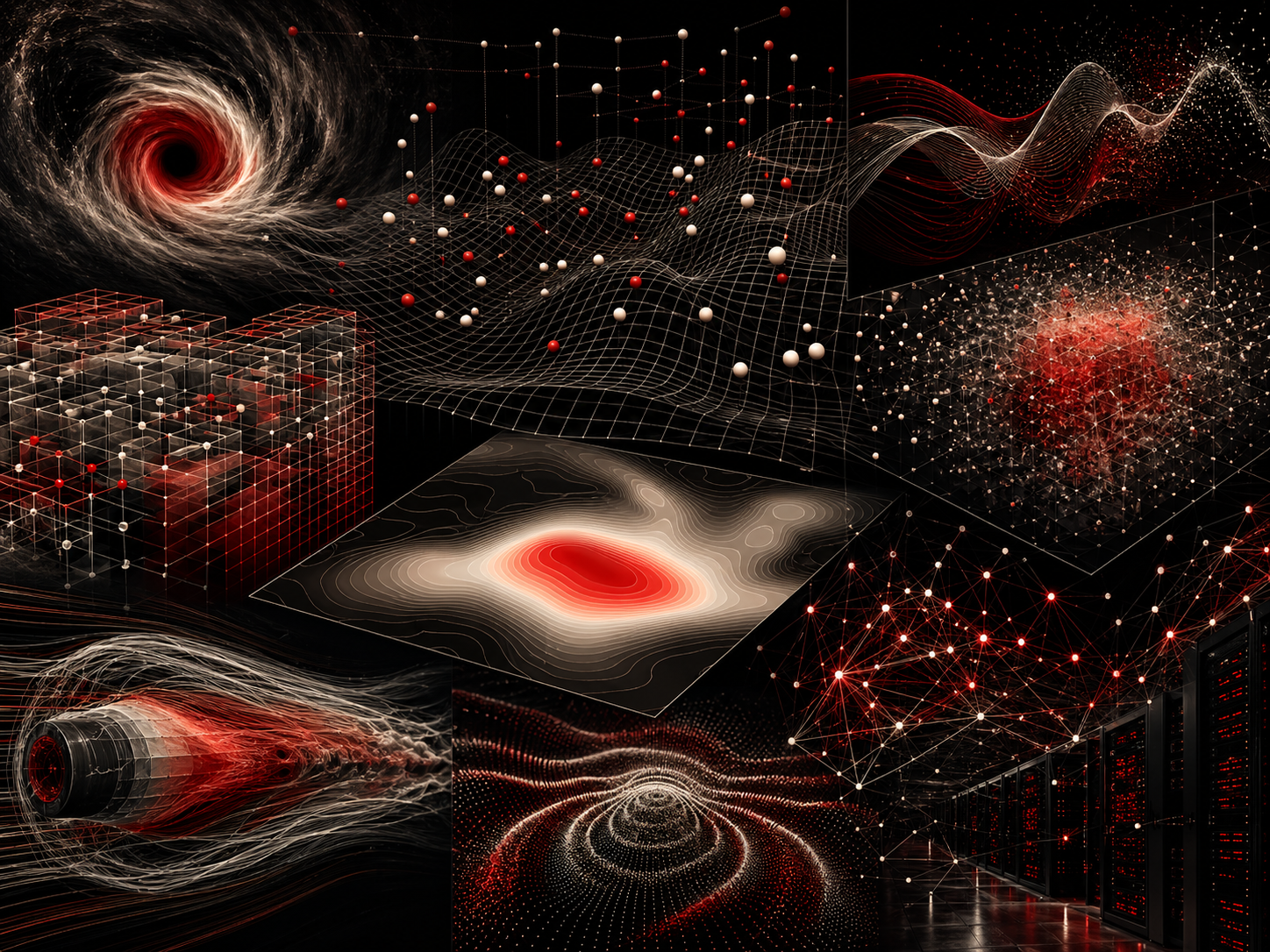 Editorial scientific illustration showing numerical grids, simulation fields, particle trajectories, wave patterns, heat-diffusion contours, Monte Carlo points, and high-performance computing nodes.