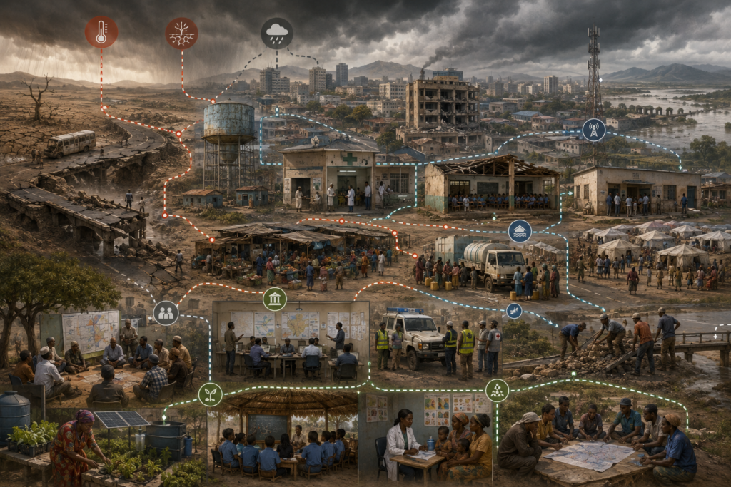 Editorial illustration showing a conflict-affected urban and rural landscape with damaged infrastructure, strained services, displacement shelters, community coordination, and local recovery efforts under climate stress.