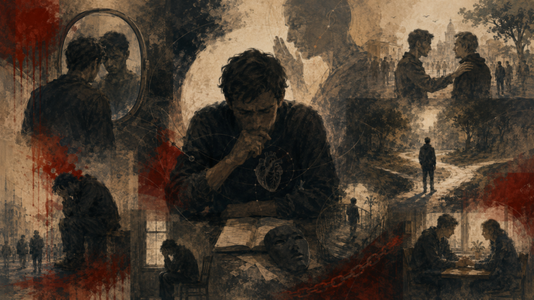 Painterly illustration of conscience, guilt, shame, and moral self-evaluation, showing a solitary figure in reflection surrounded by mirrors, masks, fragmented memories, relational repair, and moral crossroads.