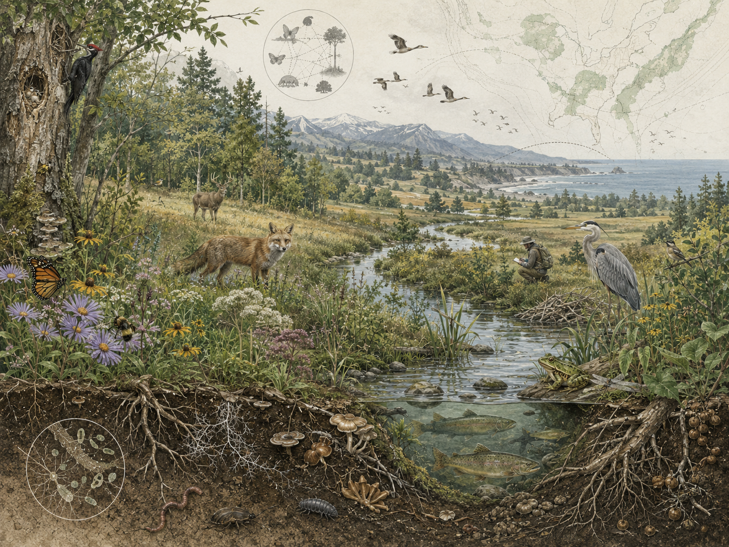 Research-grade conservation biology illustration showing a connected landscape of forest, meadow, wetland, river, and coast with diverse wildlife, native plants, soil roots, fungi, pollinators, fish, birds, and a field biologist observing biodiversity.