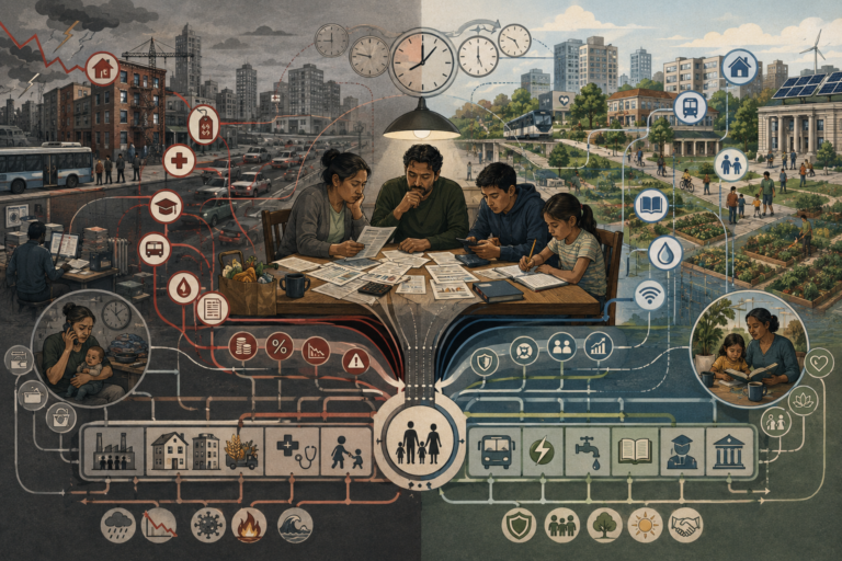 Editorial systems illustration showing a household managing bills, food costs, debt, time pressure, public goods, and everyday economic trade-offs, contrasted with conditions of fragility and more resilient household support systems.