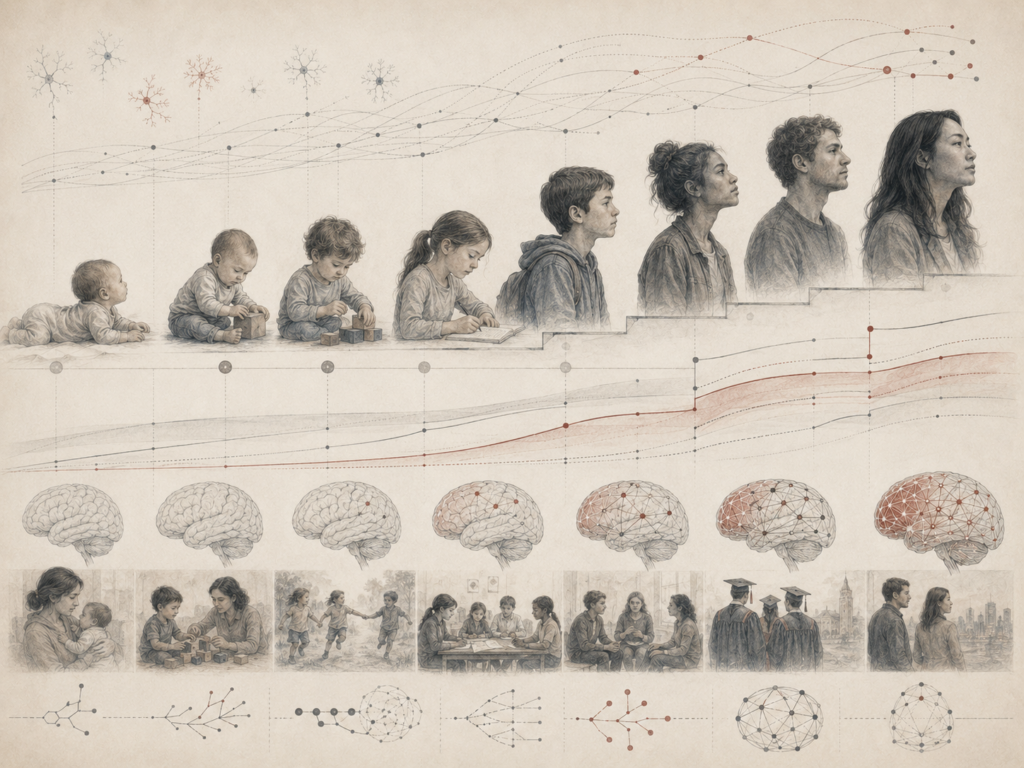 Research-grade illustration of developmental change across the lifespan, showing gradual growth curves, stage-like transitions, brain maturation, neural networks, and figures progressing from infancy through adulthood.