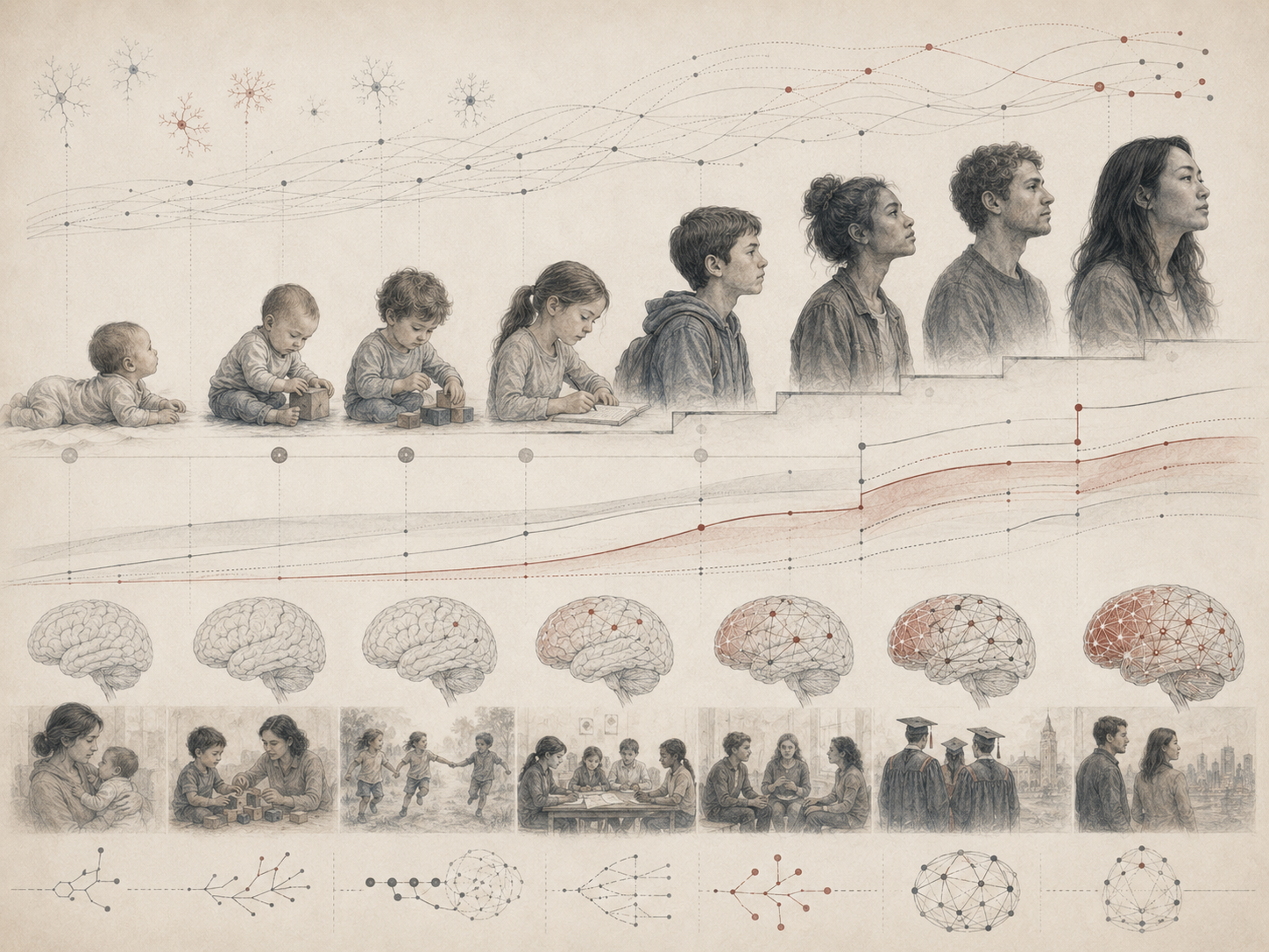 Research-grade illustration of developmental change across the lifespan, showing gradual growth curves, stage-like transitions, brain maturation, neural networks, and figures progressing from infancy through adulthood.