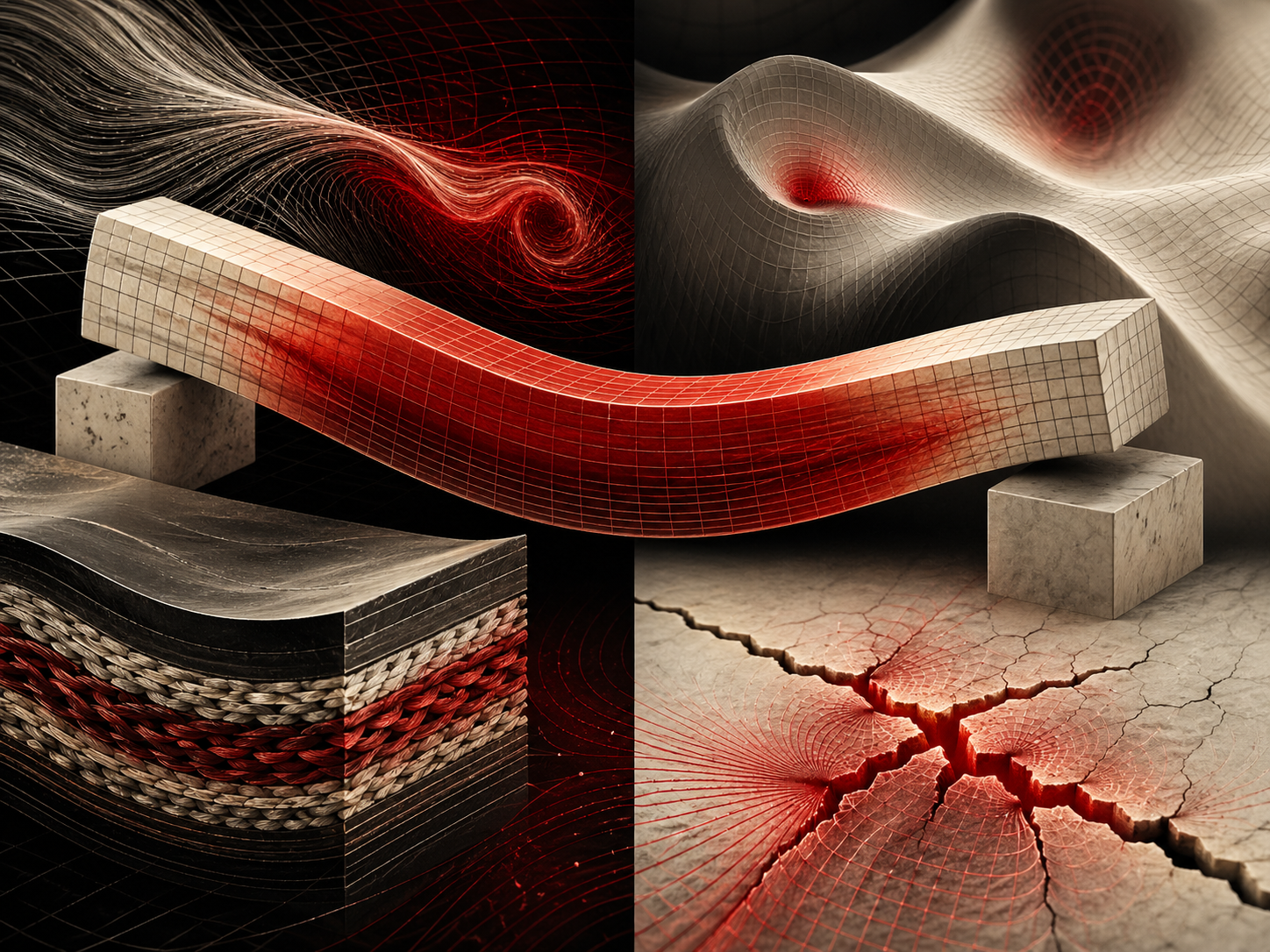 Editorial scientific illustration showing a bending beam under stress, layered composite material, abstract deforming surfaces, and a glowing crack pattern representing stress, strain, and material failure.