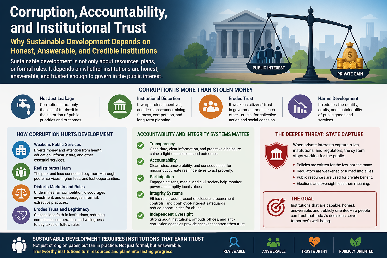 Editorial infographic-style illustration showing a civic building and scales balancing public interest against private gain, representing corruption, accountability, institutional trust, and the struggle between public purpose and private capture.