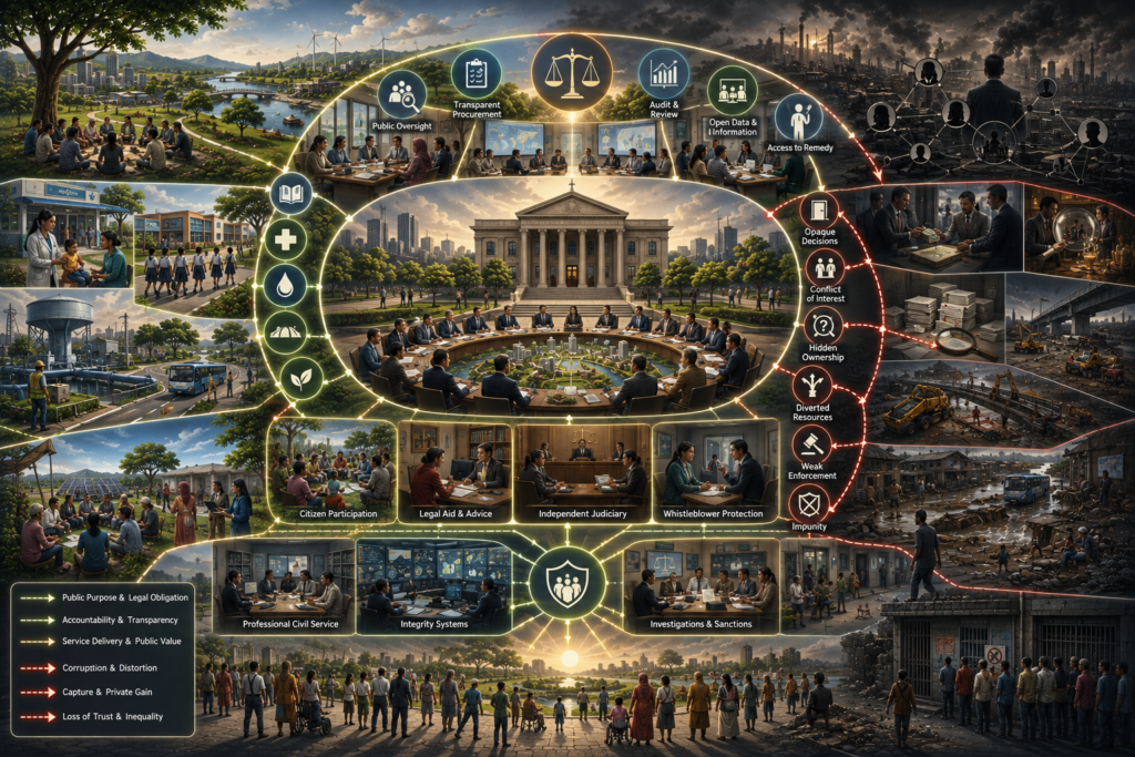 Abstract sustainability illustration of corruption, accountability, and institutional trust, showing public integrity, procurement transparency, service delivery, hidden corruption systems, state capture, inequality, accountability, and sustainable development governance.