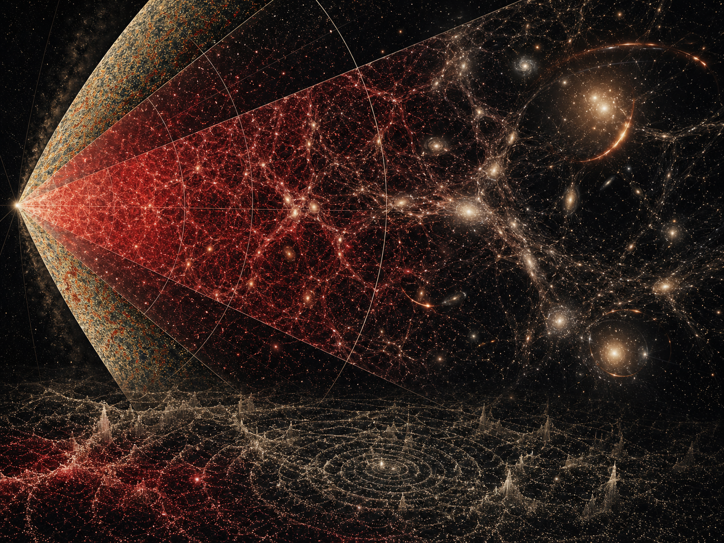 Editorial scientific illustration showing an expansive cosmic web of galaxies, clusters, filaments, voids, dark matter halo structures, cosmic microwave background texture, redshift-depth geometry, lensing arcs, and survey-map forms.