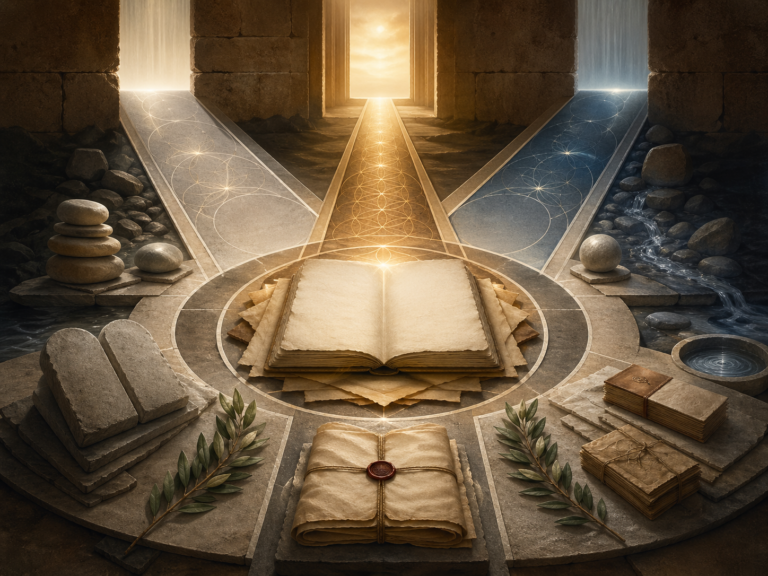 Non-figurative editorial illustration of blank covenant manuscripts, stone-tablet forms, luminous pathways, water traces, olive branches, threshold architecture, and sacred geometry representing covenant, commandment, and conscience in Abrahamic ethics.