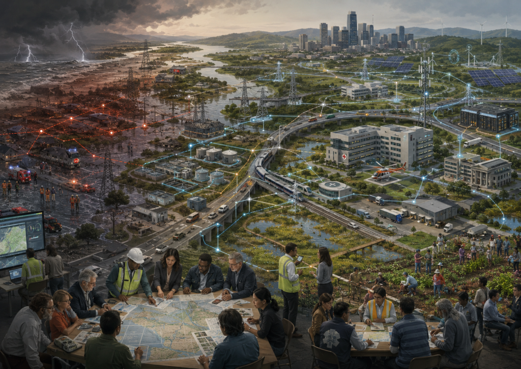 Editorial illustration showing resilient critical infrastructure across energy, water, transport, hospitals, communications, wetlands, emergency response, and public planning, with disruption contained on one side and coordinated systems functioning on the other.