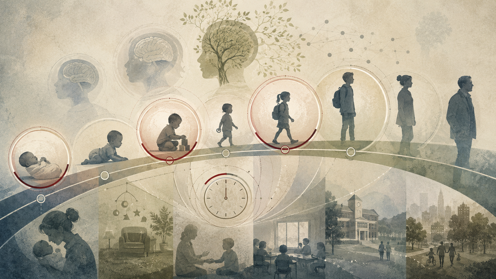 Abstract institutional illustration of human development across the lifespan, with highlighted timing windows, brain-development imagery, and family, school, and community settings.