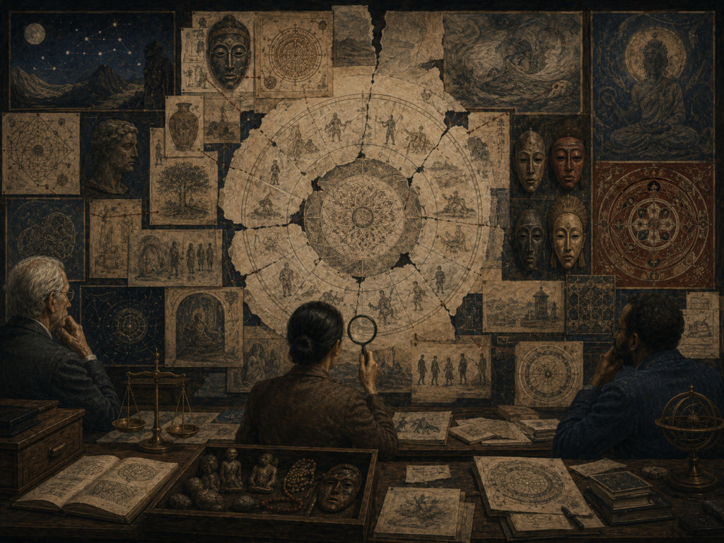 Scholars examine a fractured central mandala surrounded by symbolic evidence, cultural motifs, masks, diagrams, scales, and archival materials.