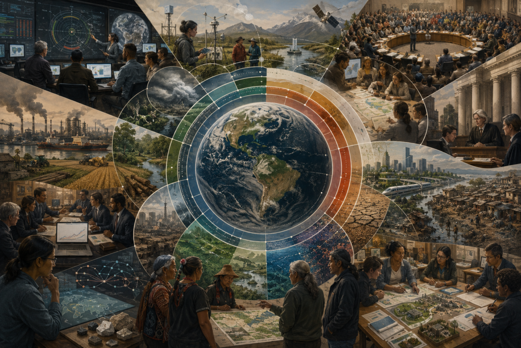 Editorial illustration showing Earth within planetary-boundary bands, surrounded by debates over technocracy, justice, democracy, political economy, local translation, and responsible governance.