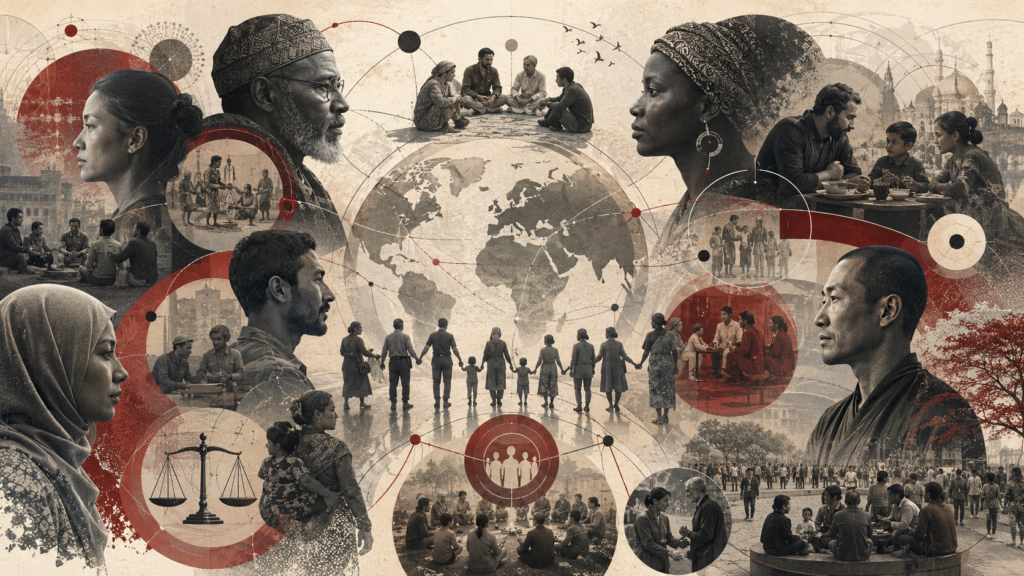 Editorial illustration of cross-cultural moral psychology, showing diverse human profiles, community gatherings, a world-map motif, justice scales, intergenerational care, dialogue, and global connection networks.