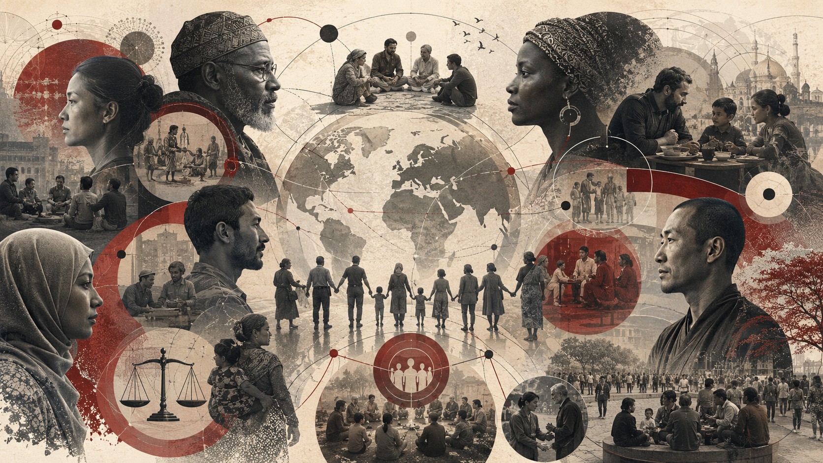 Editorial illustration of cross-cultural moral psychology, showing diverse human profiles, community gatherings, a world-map motif, justice scales, intergenerational care, dialogue, and global connection networks.
