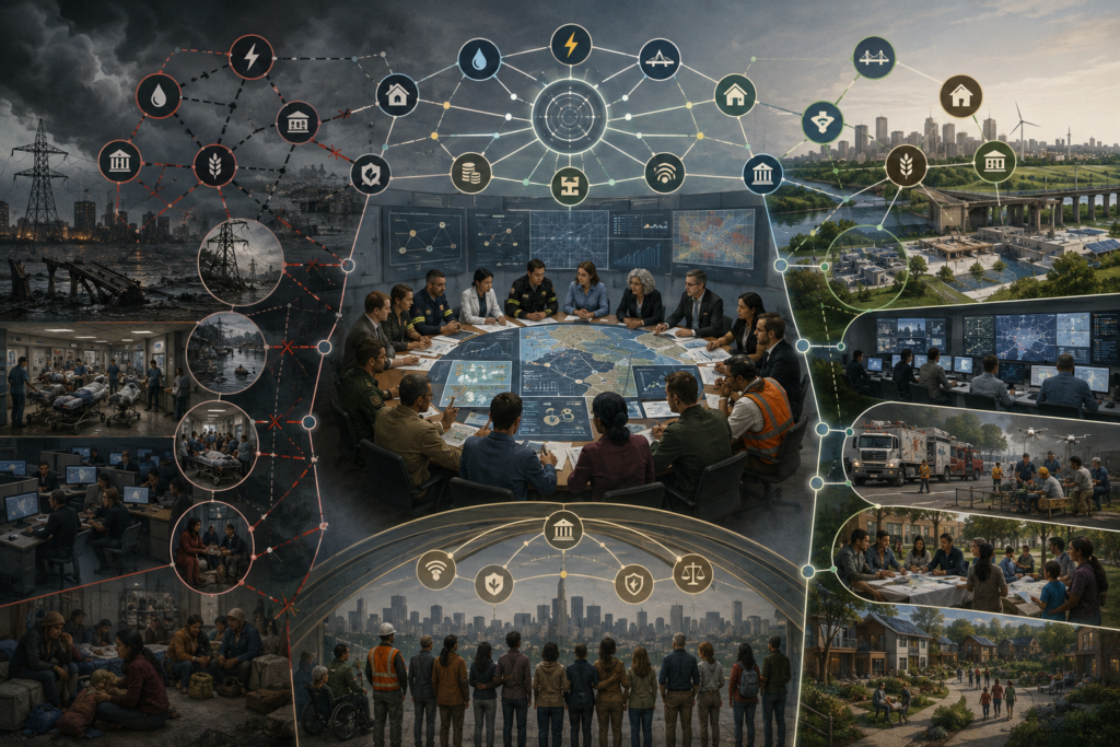 Editorial systems illustration showing public officials, emergency managers, utility operators, health workers, community representatives, and local leaders coordinating water, energy, transport, housing, health, digital networks, and social protection.