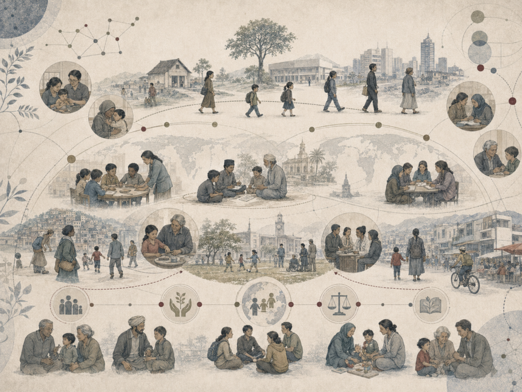 Abstract institutional illustration of human development across societies, showing families, schools, communities, caregiving, learning, and intergenerational life in diverse cultural settings.