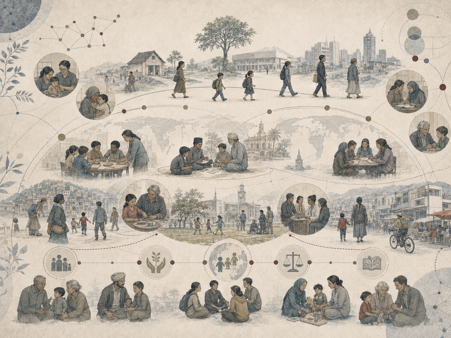 Abstract institutional illustration of human development across societies, showing families, schools, communities, caregiving, learning, and intergenerational life in diverse cultural settings.