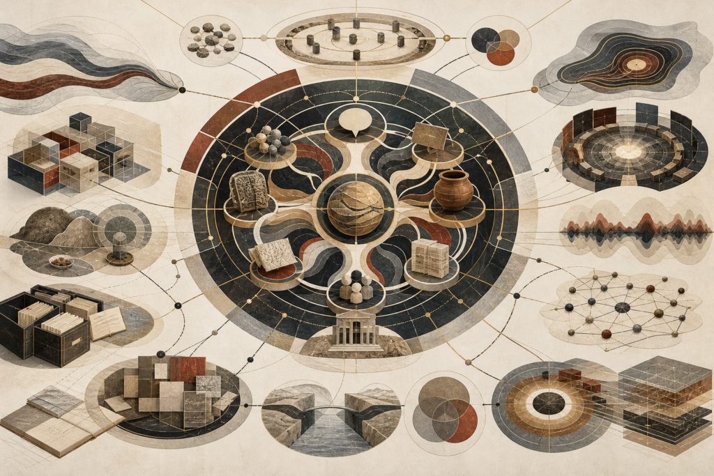 Editorial anthropological illustration showing an abstract symbolic-worldmaking system with ritual circles, narrative pathways, archive layers, material objects, classification grids, institutional forms, and interconnected networks of meaning.