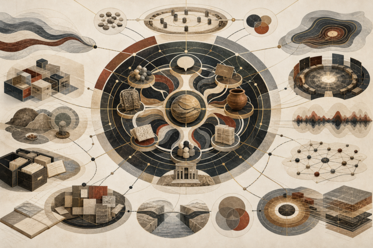 Editorial anthropological illustration showing an abstract symbolic-worldmaking system with ritual circles, narrative pathways, archive layers, material objects, classification grids, institutional forms, and interconnected networks of meaning.