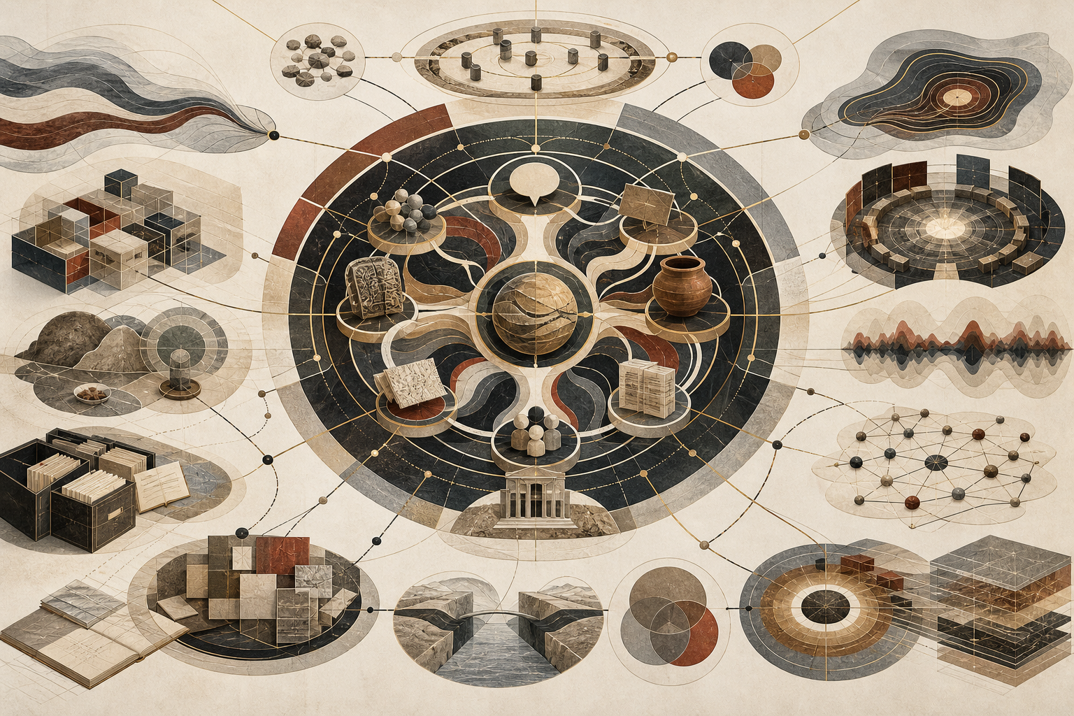 Editorial anthropological illustration showing an abstract symbolic-worldmaking system with ritual circles, narrative pathways, archive layers, material objects, classification grids, institutional forms, and interconnected networks of meaning.