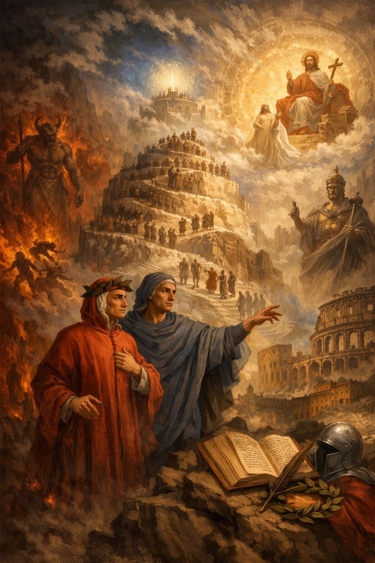 A dramatic allegorical painting of Dante and Virgil before the three realms of the Divine Comedy, with Inferno in flames at left, Mount Purgatory rising in the center, and radiant heavenly figures above a medieval and classical landscape.